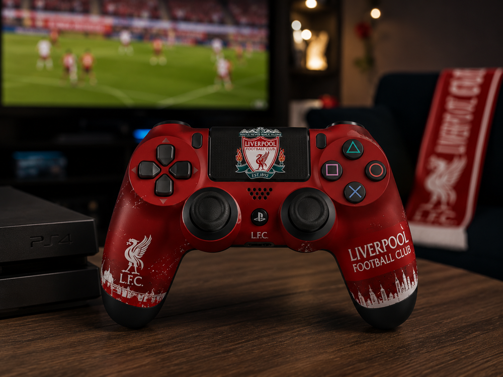 دسته بازی PS4 طرح لیورپول در فضای گیمینگ خانگی با تم فوتبالی و قرمز رنگ اختصاصی.